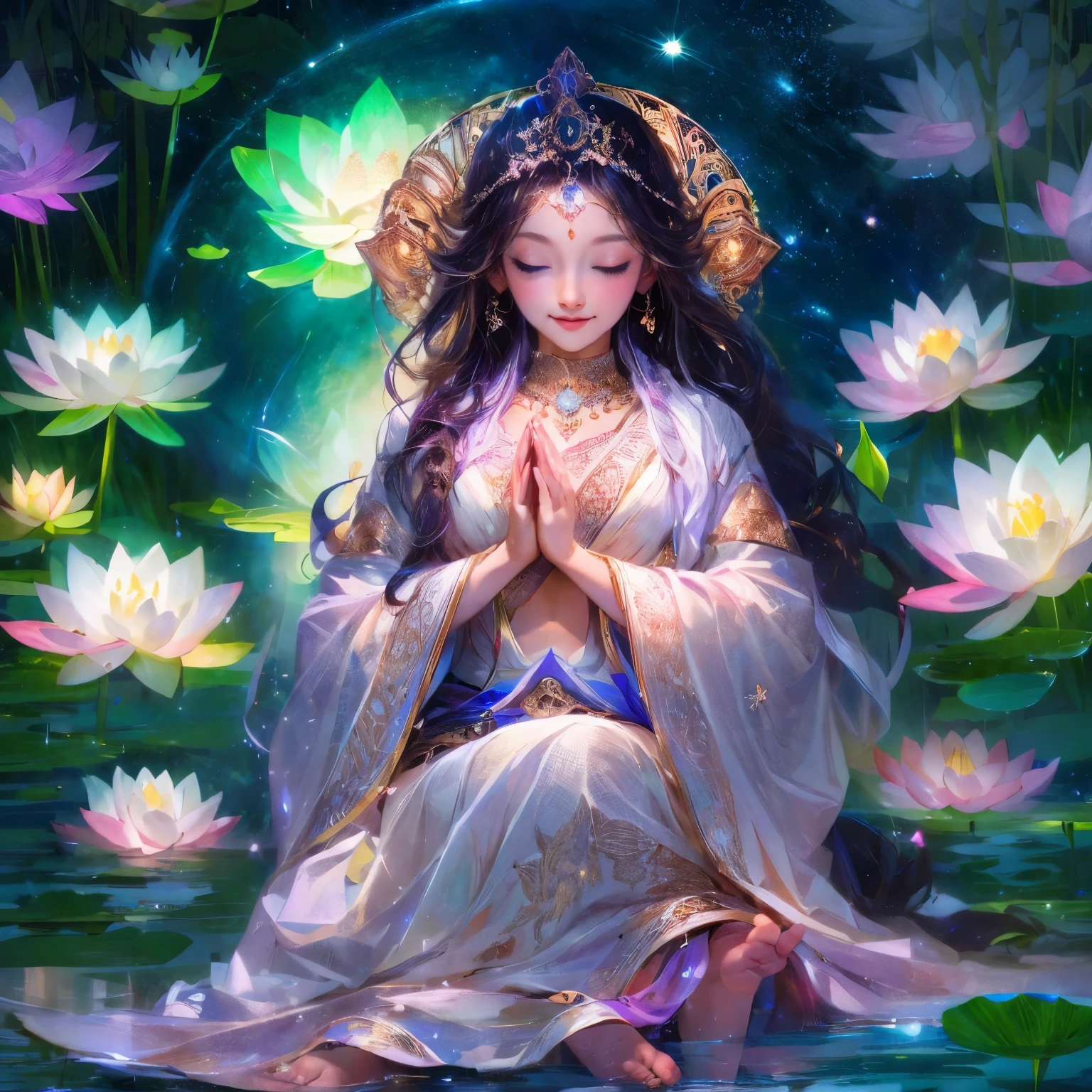 highest quality,masterpiece:1.2,Detailed explanation,The beautiful young goddess gently closed her eyes,Smiling Kindly. She is doing prayer meditation with folded hands. She was wearing a white kimono with stars shining in the blue night sky., You are sitting on a lotus flower,In a wonderful atmosphere,Feel as if you are one with the universe. High resolution, 8k