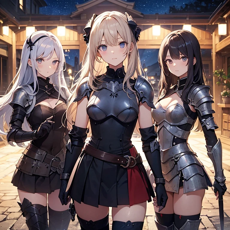 A group of young female knight, (in tavern), various hair styles, harem, wearing armored clothes, metal armor, night, details face, , short skirt, seducing, sword, sleeveless , night, starry night
