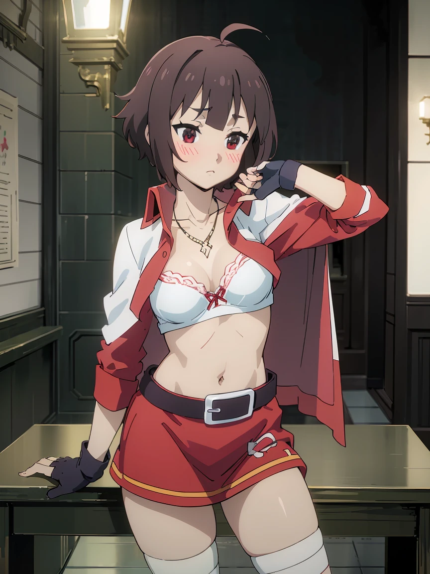 There is a girl with shiny skin, Sexy pose,Best quality,masterpiece,(Realism:1.4),Breast augmentation,Reality,official art,8K picture quality,Super Detail,Delicate detail skin,angle,Texture,light,On the table,highest image quality,1 girl,,Messy hair,panty shot,big,Crispy Breast,1 Girl,Upper limbs,((cleveage)), Red Eyes, (((Small Breasts))), ((((blush)))), brown hair, ((Shy)),(((Side short hair, Huihui, kitchen,Bandaged left leg, Right leg black knee-high socks, boots, Necklace, Gloves, belt, Red Dress, cape, fingerless Gloves, (((She lifted her shirt, Reveal under her bra)))