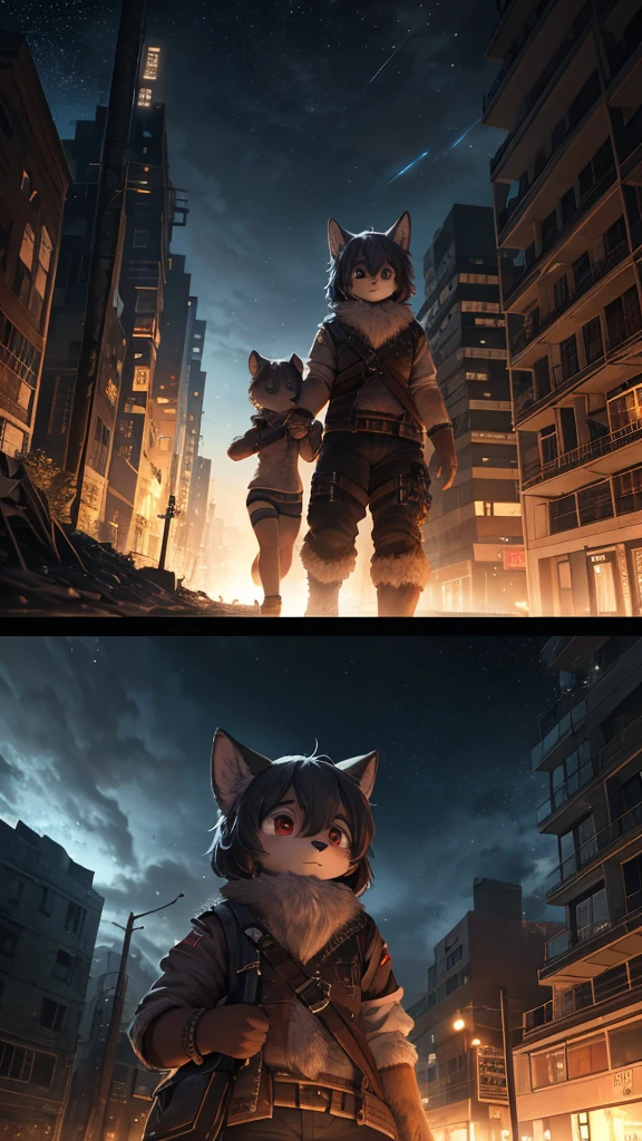Unrealistic Perspective , dynamic angle , dynamic model action , realistic hairy fur , round face , moist round eyes , Swollen cheeks , hair ties , Short stature ,
((Friendship)), The end of the world, Spectacular and realistic, (High resolution:1.4), (Calm colors:1.4), Apocalypse, Abandoned, Neutral Color, night, Screen Space Refraction, (Intricate details), (Intricate details, Ultra-detailed:1.2), Art Station, Cinematic shots, Vignette, Complex background, building,((Hand in hand))