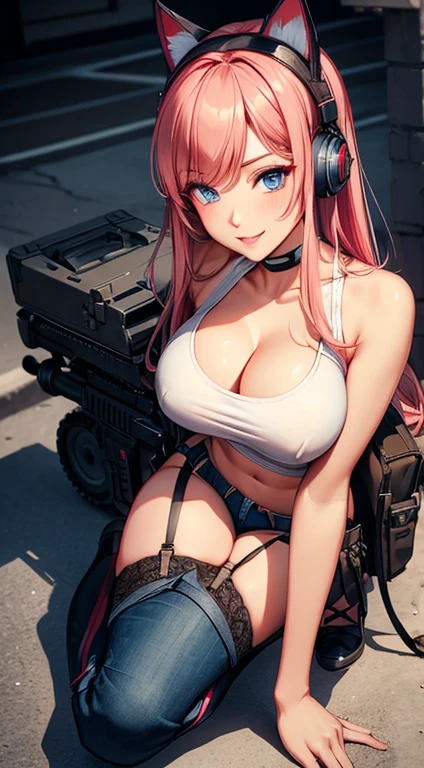 military girl, sexy body, white tanktop, jeans hotpants, big breasts, cleavage, big hip, black stockings, garter belts, high heels boots, smiling, beautiful face, detailed face, very detailed eyes, pink long straight hair, blue eyes, cat ear shaped headphone, beautiful eyelashes, (full body), high quality, detailed background, high resolution, red eyeliner make up, blush on, (best quality), tactical gear, sniper rifle, backpack