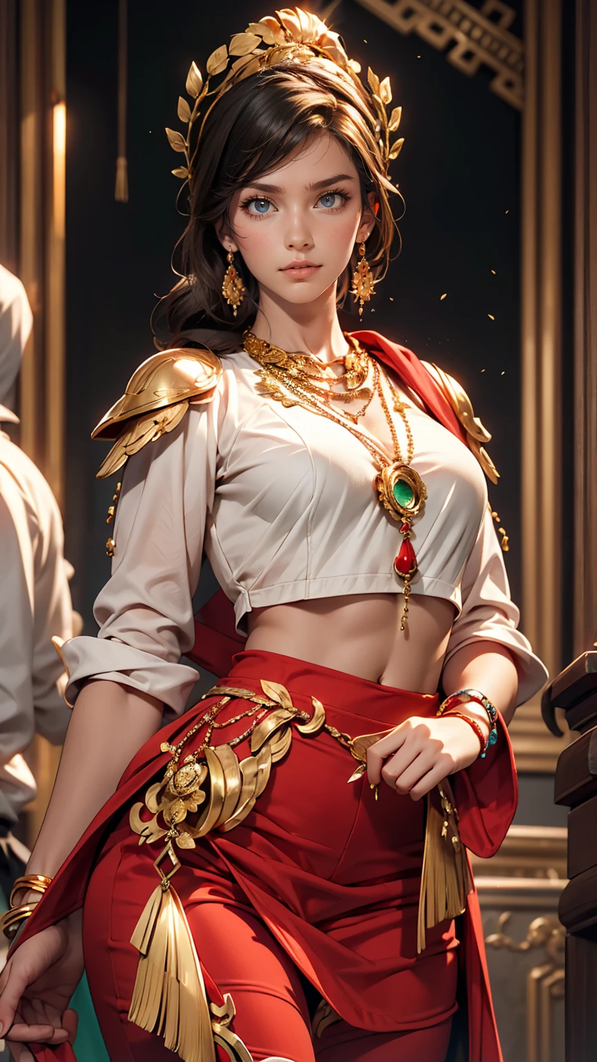 Gypsy woman with green eyes and black hair, White blouse with gold medal and red skirt with frills, Shell Necklace.Well-balanced proportions like a Greek sculpture