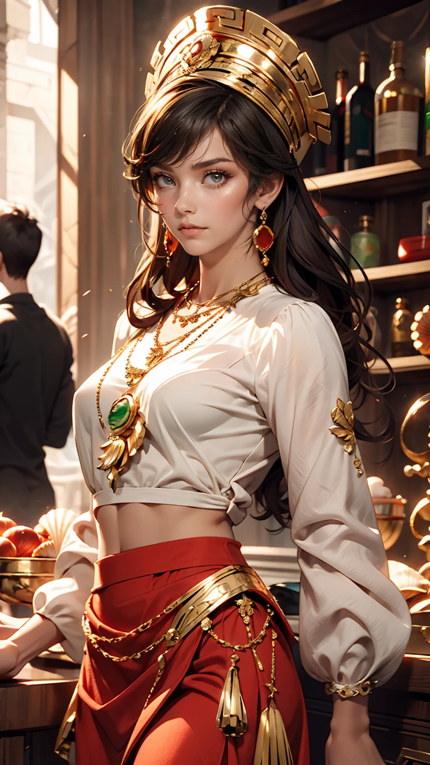 Gypsy woman with green eyes and black hair, White blouse with gold medal and red skirt with frills, Shell Necklace.Well-balanced proportions like a Greek sculpture
