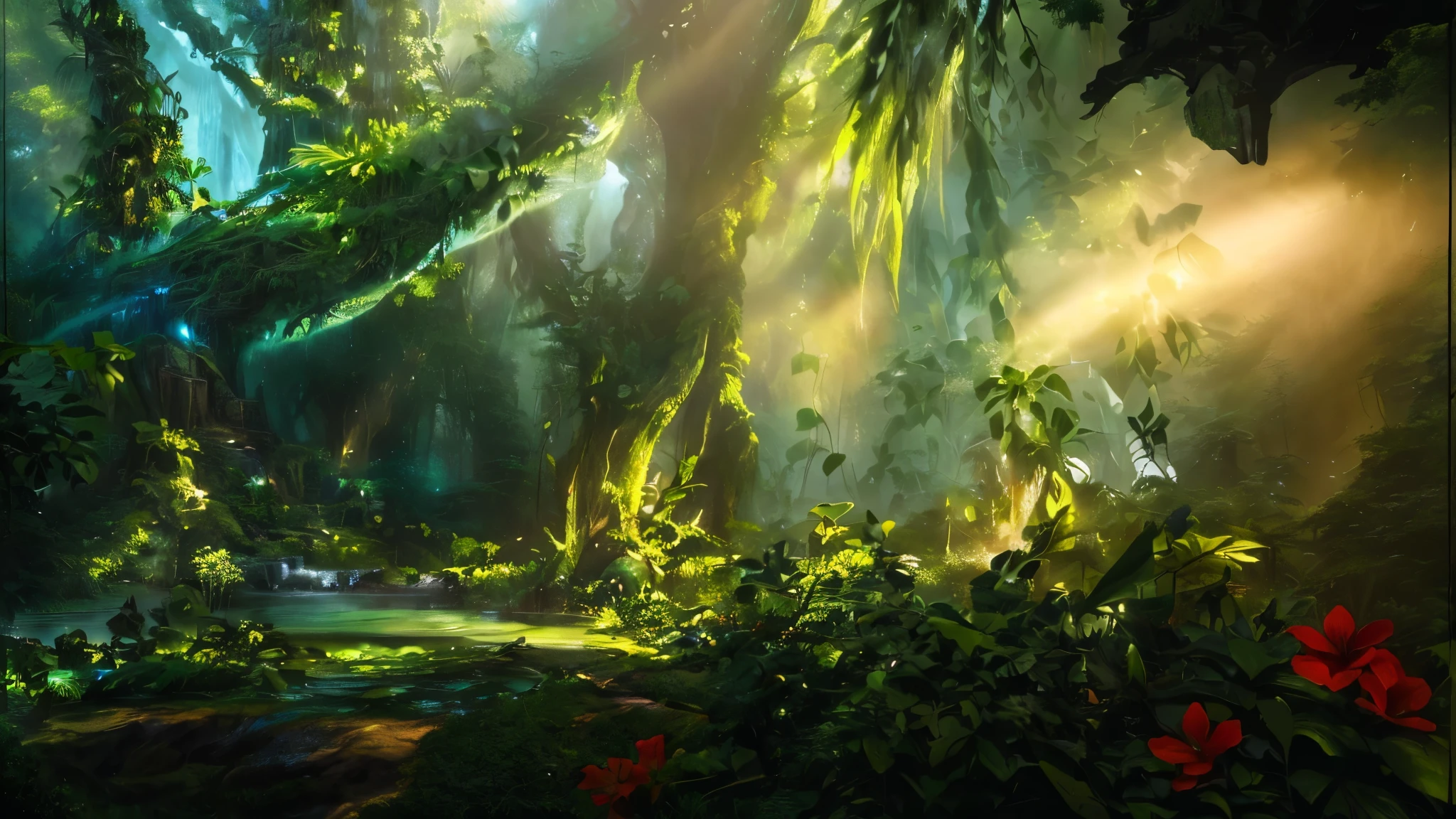 Waterfalls and trees々Close-up of a forest with flowers, fantasy forest environment, Deep Jungle of Another World, Avatar Landscape, Jungle environment, Highly detailed environments, Highly realistic concept art, fantastic screenshot art, Fantasy Magic Plants, overgrown Jungle environment, Peaceful Elven Forest, Environmental concept art, forest environment, Unreal Engine Fantasy Art, Environmental Artist, elf forest background