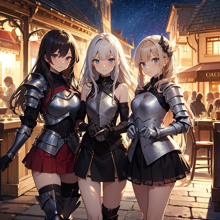 A group of young female knight, (in tavern), various hair styles, harem, wearing armored clothes, metal armor, night, details face, , short skirt, seducing, sword, sleeveless , night, starry night