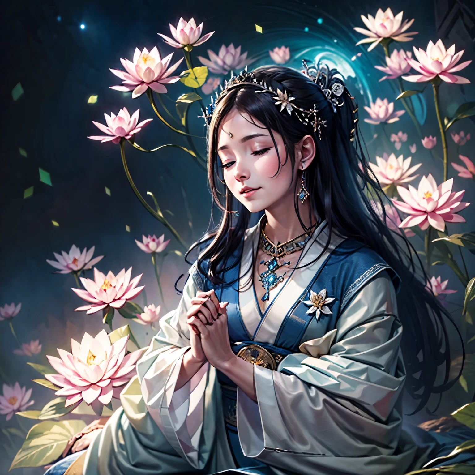 highest quality，masterpiece：1.2，Detailed explanation，The beautiful young goddess gently closed her eyes，Smiling Kindly. She is doing prayer meditation with folded hands. She was wearing a white kimono with stars shining in the blue night sky., You are sitting on a lotus flower，In a wonderful atmosphere，Feel as if you are one with the universe. High resolution, 8k