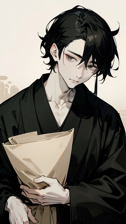 Black kimono from the Taisho period、(Pale-faced handsome man)、(sick and emaciated)、Upper Body、Black Hair、