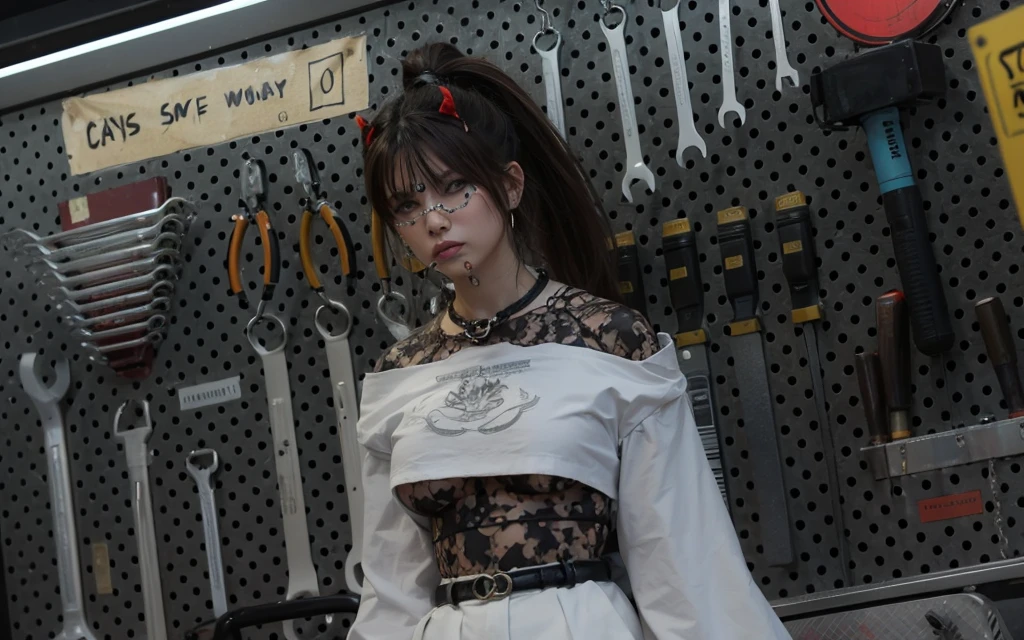 woman with ponytail brown hair wearing white croptop and face chain
