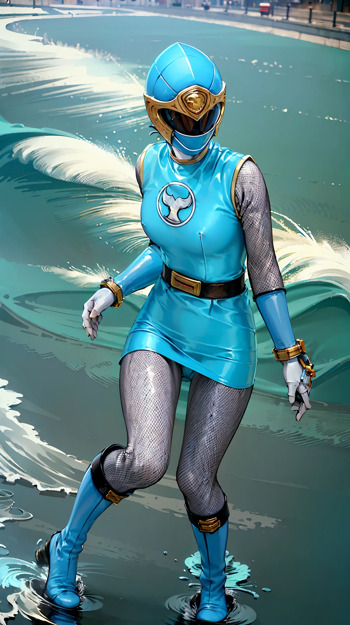 (Numerous award-winning masterpieces, with incredible detail, textures and maximum detail), (hyper realistic:1.5), ((1 girl in)), Solo, ((Full face helmet with no exposed face and head hair)), hurricane blue, (Thick and intricate lines drawn on the chest:1.1), Lines on the sides of the suit, a belt, The suit is blue with long gloves and boots are white, ultra miniskirt, ((Very shiny helmet and suit)), ((Three-dimensional helmet)), distinct fishnet tights, Highly detailed CG Unity 8K wallpaper, masutepiece,Best Quality, Super A high resolution,4K,Ultra-detailed, Photography, 8K, hight resolution, absurderes:1.2, Kodak Portra 400, Film grain, Lens Flare, professional photograpy, (((Anatomically correct:1.3))), (((spread legs:1.4))), ((absurdity)), F cup large breasts, ((long long shot, dutch angle shot)), outdoor, open sea, (((sprint on the open sea:1.5, ninja running))), ninjutsu, ninja, splash, (((splashes of water are rising from the path she ran))), dynamic, wave, (reach for the sky), full body