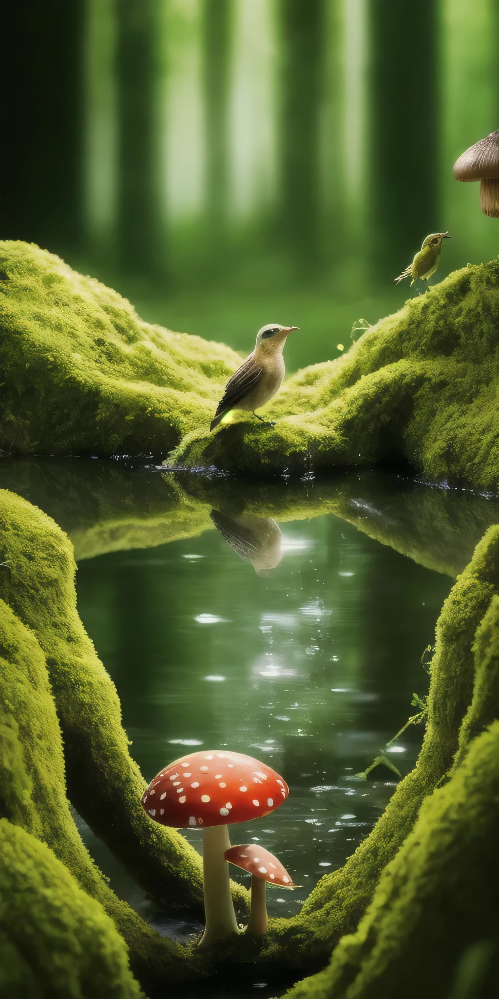masterpiece, Macro photo of a bird drinking water in the forest, evening, mushroom, Dew Drops, High Contrast, Studio Ghibli style, Very complex, Very detailed, Photorealistic Style