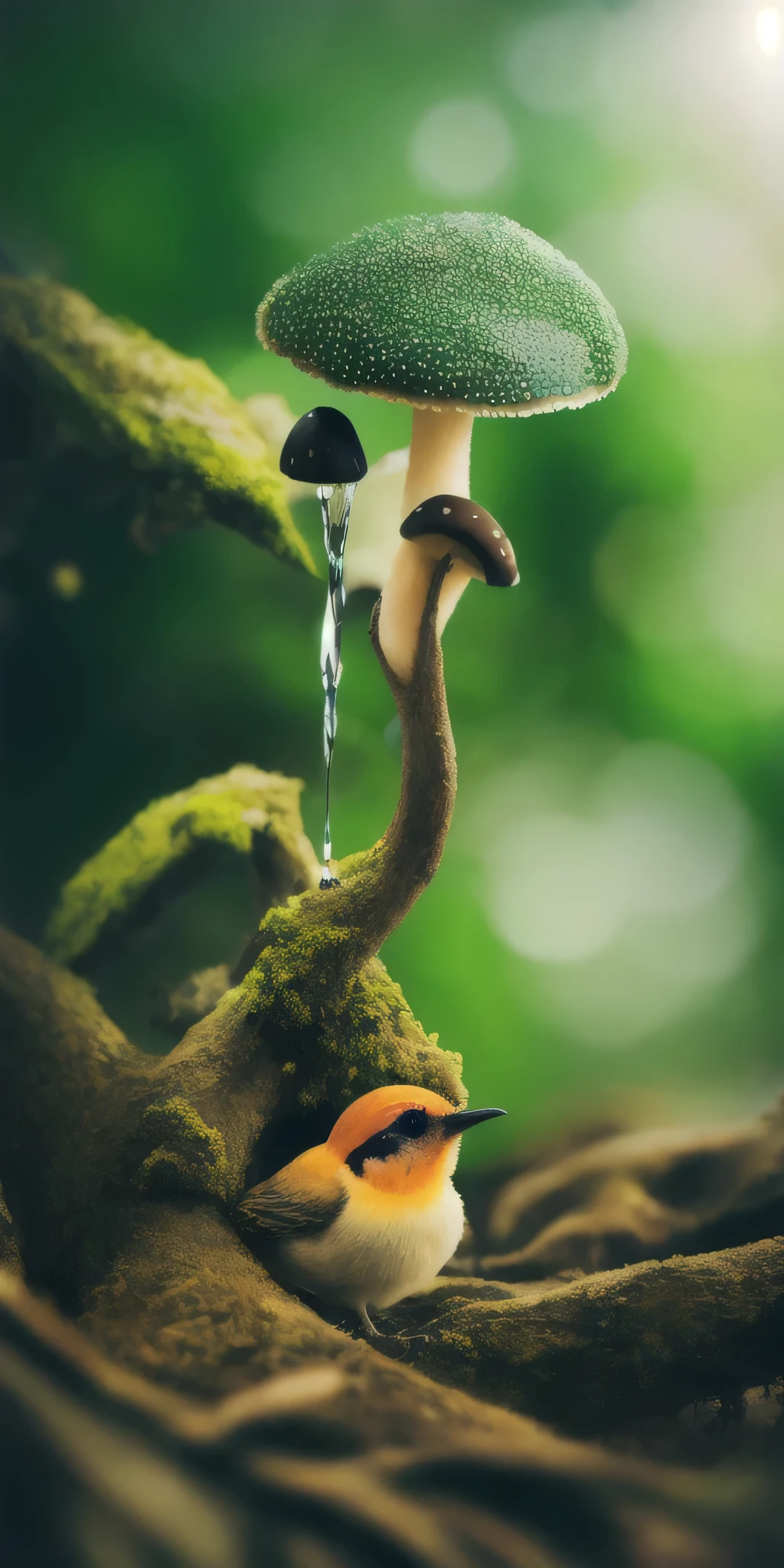 masterpiece, Macro photo of a bird drinking water in the forest, evening, mushroom, Dew Drops, High Contrast, Studio Ghibli style, Very complex, Very detailed, Photorealistic Style
