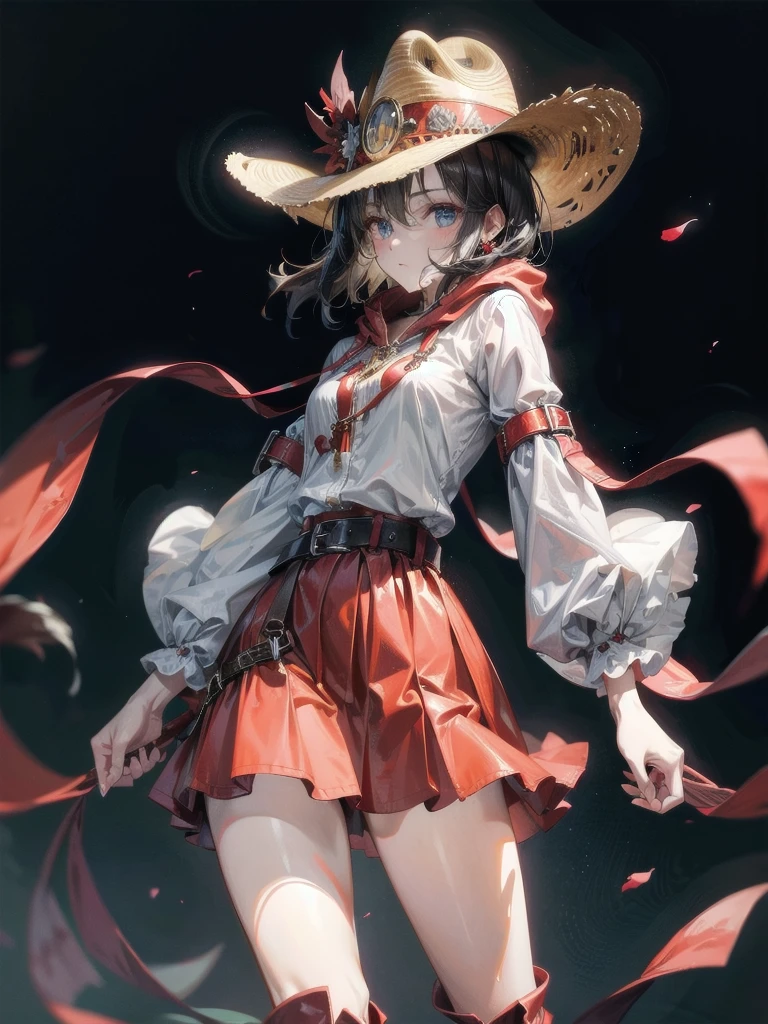 cool cowgirl, cowboy hat, blouse, decorated hooded armor jacket, cross belt, mini skirt, Red leather long boots, absurdres, RAW photo, extremely delicate and beautiful, masterpiece, Best Quality, ultra high resolution, 32k, hyperrealistic, ultra-detailed, detailed description, pale skin, 20 years old, tearful mole, earring, short medium hair, wavy hair, whole body shot,