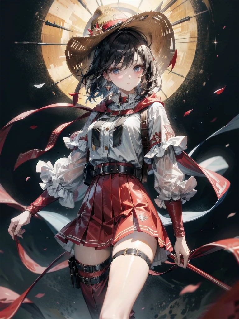 cool cowgirl, cowboy hat, blouse, decorated hooded armor jacket, cross belt, mini skirt, Red leather long boots, absurdres, RAW photo, extremely delicate and beautiful, masterpiece, Best Quality, ultra high resolution, 32k, hyperrealistic, ultra-detailed, detailed description, pale skin, 20 years old, tearful mole, earring, short medium hair, wavy hair, whole body shot,