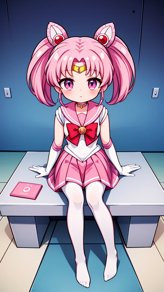 Sailor Moon,young年,Seven years old,cute,Metal hairpins,(little girl),(Little Loli),Pink Hair,(Double tail),Sailor Suit,Red bow,White elbow gloves,Red Skirt,No shoes,(White pantyhose),(young),(Small),(Sitting with knees hugged)