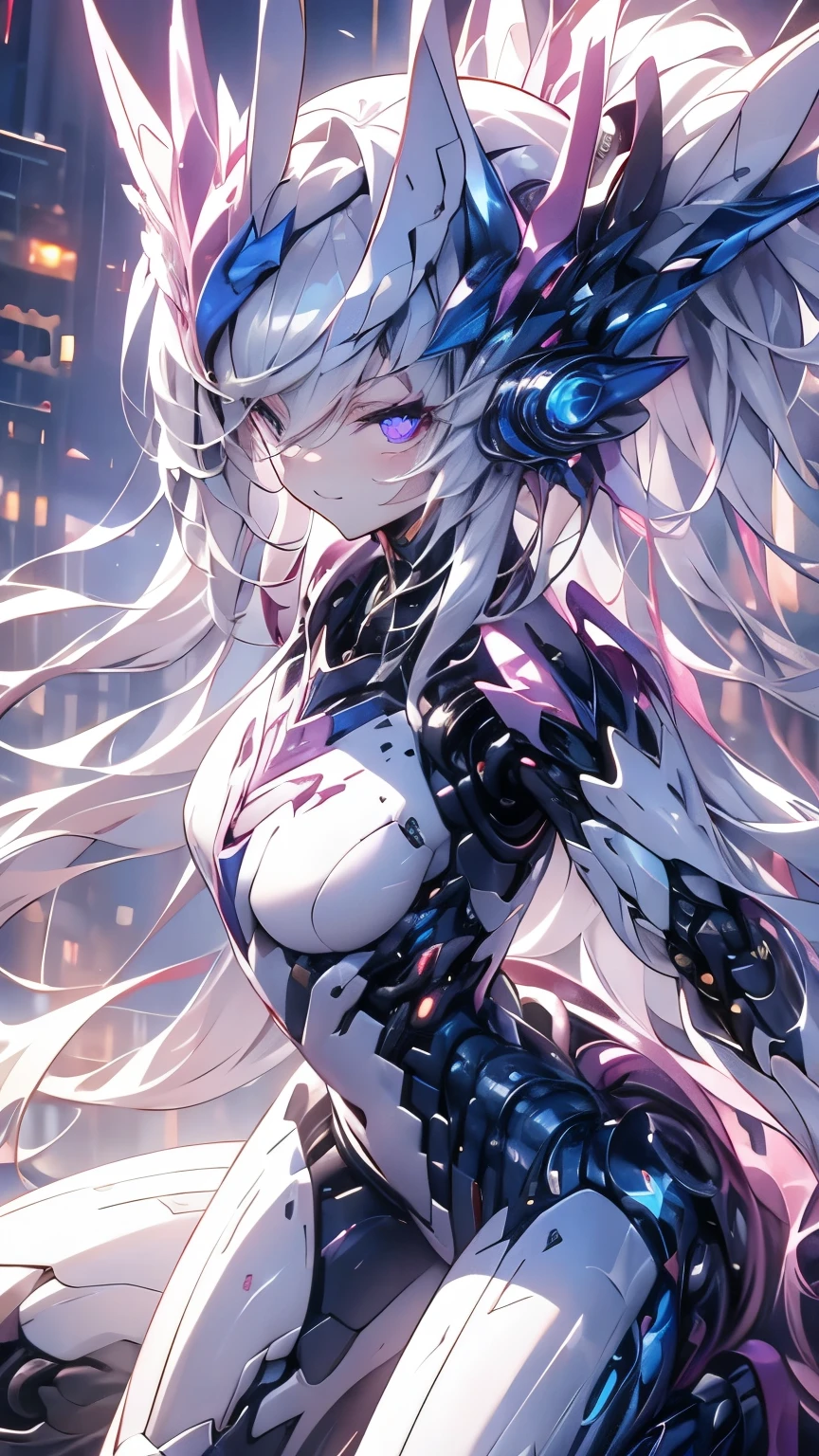 silver hair, hair between eyes, sidelocks, facepaint, hairpods, purple eyes, nervous smile, cinematic lighting, UHD, (super detail), high quality, best quality, high detailed hands and fingers, ((masterpiece)), Cyberpunk, cyberspace, countless colorful rays, female android, mechanical body, ((Full body portrait)), (get down on one knee), bending down, Hair ornament imitating butterfly wings