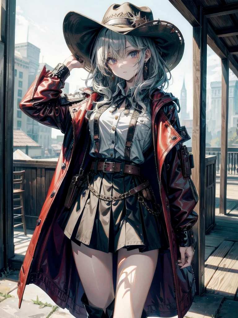 cool cowgirl, cowboy hat, blouse, decorated hooded armor jacket, cross belt, mini skirt, Red leather long boots, absurdres, RAW photo, extremely delicate and beautiful, masterpiece, Best Quality, ultra high resolution, 32k, hyperrealistic, ultra-detailed, detailed description, pale skin, 20 years old, tearful mole, earring, short medium hair, wavy hair, whole body shot,