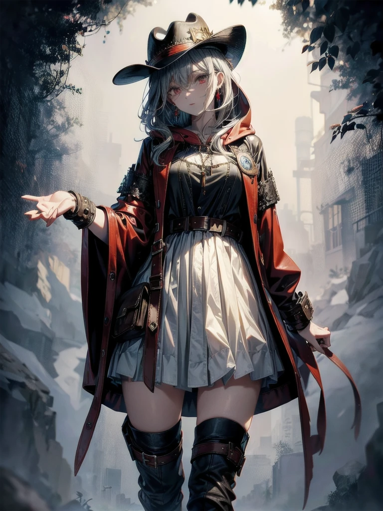cool cowgirl, cowboy hat, blouse, decorated hooded armor jacket, cross belt, mini skirt, Red leather long boots, absurdres, RAW photo, extremely delicate and beautiful, masterpiece, Best Quality, ultra high resolution, 32k, hyperrealistic, ultra-detailed, detailed description, pale skin, 20 years old, tearful mole, earring, short medium hair, wavy hair, whole body shot,