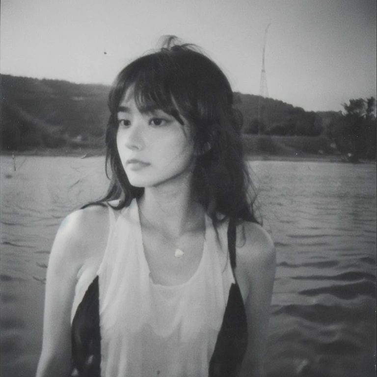 Last summer vacation, old black and white photos, memories of my girlfriend, polaroid photo, monochrome, greyscale, film grain,