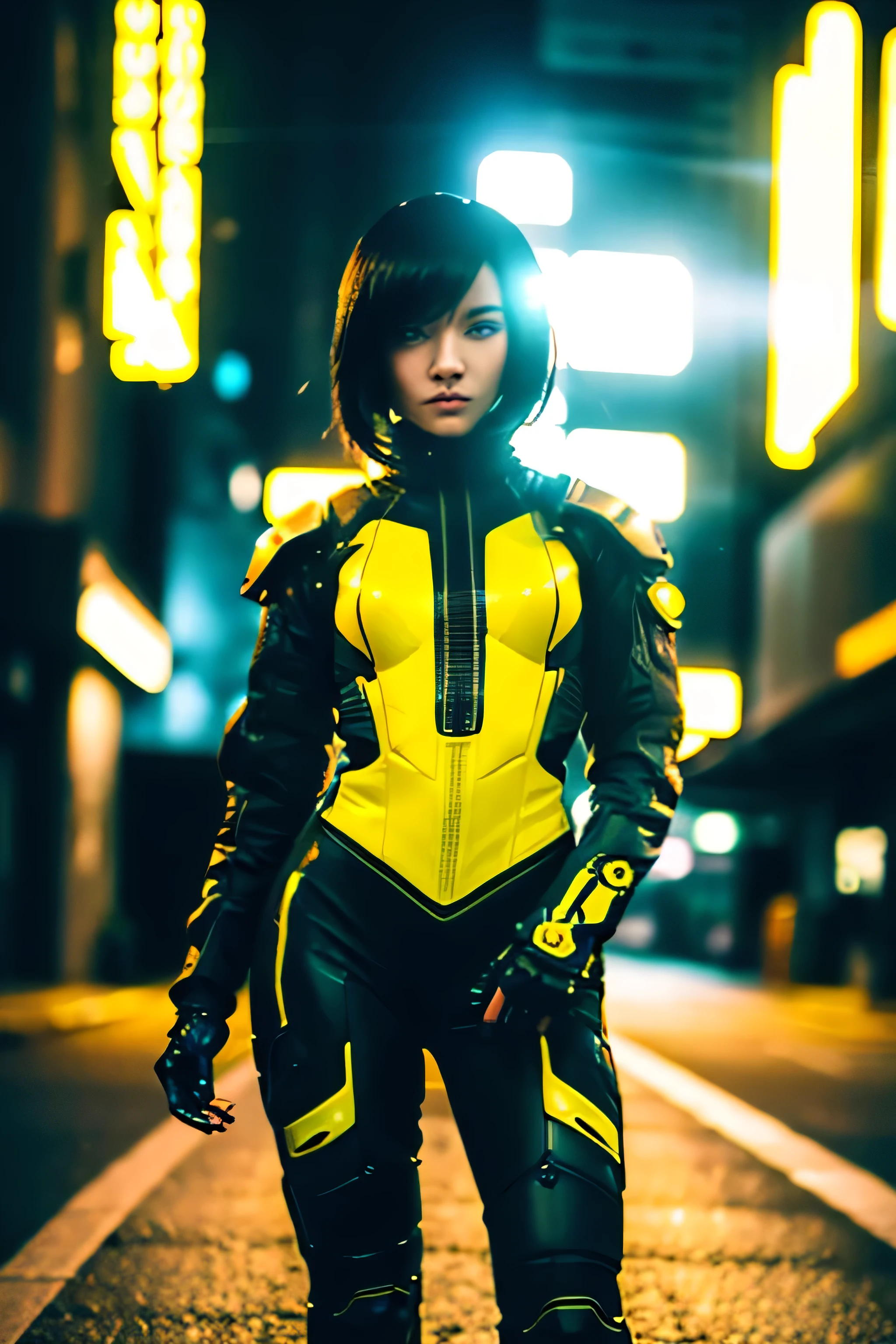 (yellow cyber punk speed tactical suit:1) (1 Female) Dark Theme :: Focus on close-up face, Serious face, Civetik visor, :: Medium Black Hair, Thick thighs :: ultra realistic futuristic speedster scifi cyber punk athletic woman, Iris, ((Run down the middle of the road while emitting yellow rays, cyber punk, Shadowrun, scifi high tech cyber punk)) :: cool cyber punk yellow speed combat suit :: Natural light :: Bokeh :: 8k :: highest quality :: masterpiece :: Very detailed:1.5