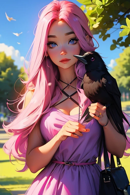 A pink haired woman with violet eyes with an hourglass figure in a summer dress is holding a raven on her finger in the park
