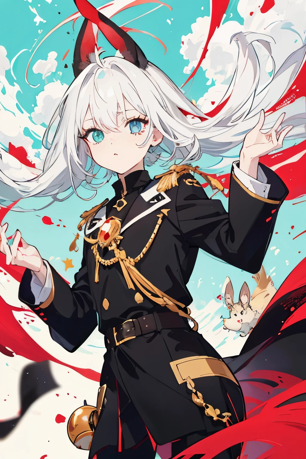 1 homem. cabelo preto. sozinho. entediado. fundo liso. olhos vermelhos. heterocromia. cabelo longo. anime 4k. orelhas de raposa vermelhas. fundo anime 4k.