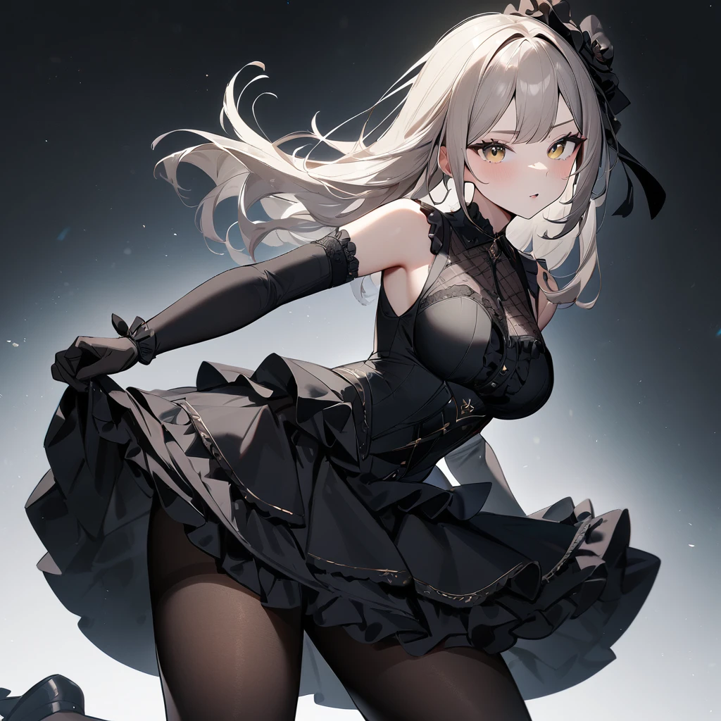 1 girl,best quality, very aesthetic,absurdres,looking at viewer,front view,Lovely lady,,skirt lift,high-grade,layer,westfrill,light hair,multilayer,blackcolor,trim,(side-Crisscross),breasts,upscale,Layered,yellow pale,blackglove,pantyhose,lovely,all black,Sleeveless,open stance,curtsey,impossible_clothes,half up,blouse