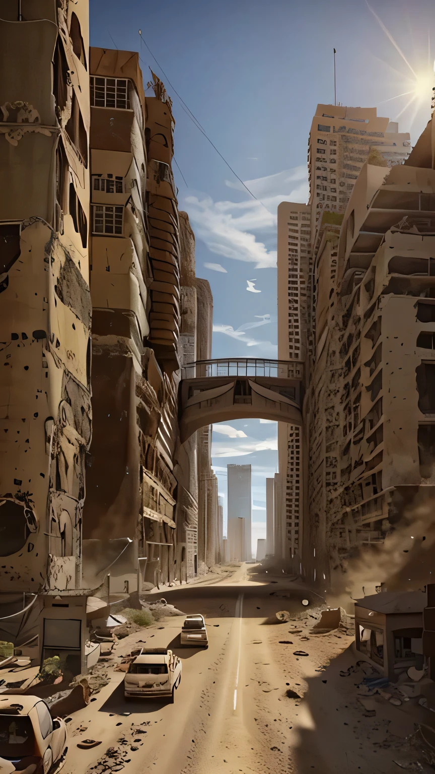 image of the view from inside a winding bridge between a tall tower in the center of a post-apocalyptic North American canyon and another building, view of the entire desert, there is a reinforced concrete walkway connecting one building to another on the horizon, o deserto tem canyons no horizonte, tall buildings on the horizon and everywhere, has smoky structures, carros abandonados nas ruas, desert megalopolis, tall buildings and collapsing to the ground, many destroyed buildings around, sol da tarde, orange sky, visible sun setting, sunset in the sky, sol poente visivel no horizonte alaranjado, TEM UMA GAROTA VESTIDA COM CAPUZ ANDANDO NA RUA, as realistic as possible, As detailed as possible, as realistic as possible, ultra realismo