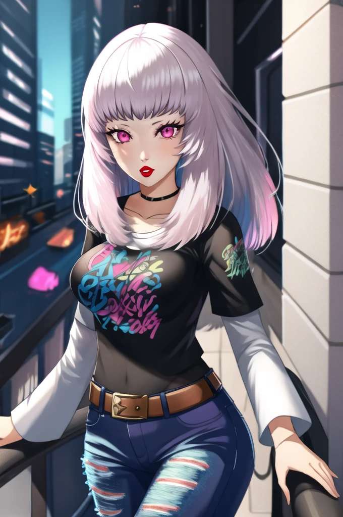 (masterpiece:1.2), best quality, high resolution, 1girl, solo, lysithea, white hair, pink eyes, 1girl, solo, black t-shirt, white shirt, blue jeans, belt, lipstick, large breasts, layered sleeves