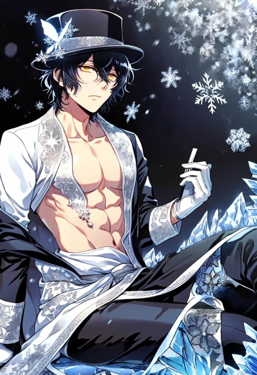 Ultra detailed, HDR, Highres, absurdres, master piece, Gilbert Nightray, black hair, expressive golden eyes, black coat with patterns, Pandora Hearts, ice butterflies, winter, ice, snowflakes, white flowers, sexy man, solo, extremely detailed face and eyes, handsome, glittering, toned chest, white shirt, black hat, white gloves, sitting