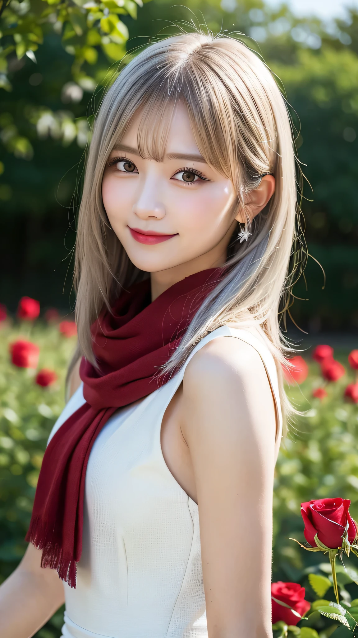 Overlooking, Panorama, perspective, Depth of written boundary, bust, Upper Body, Movie angle, masterpiece, highest quality, Super detailed, CG, 8k wallpaper, Beautiful Face, Delicate eyes, Otome, alone, smile, Silver Hair, Golden Eyes, Fair skin, hair, Red scarf, White evening dress, Rose Field, Red flower, rose, Flower Field, petal, Flying petal, smile