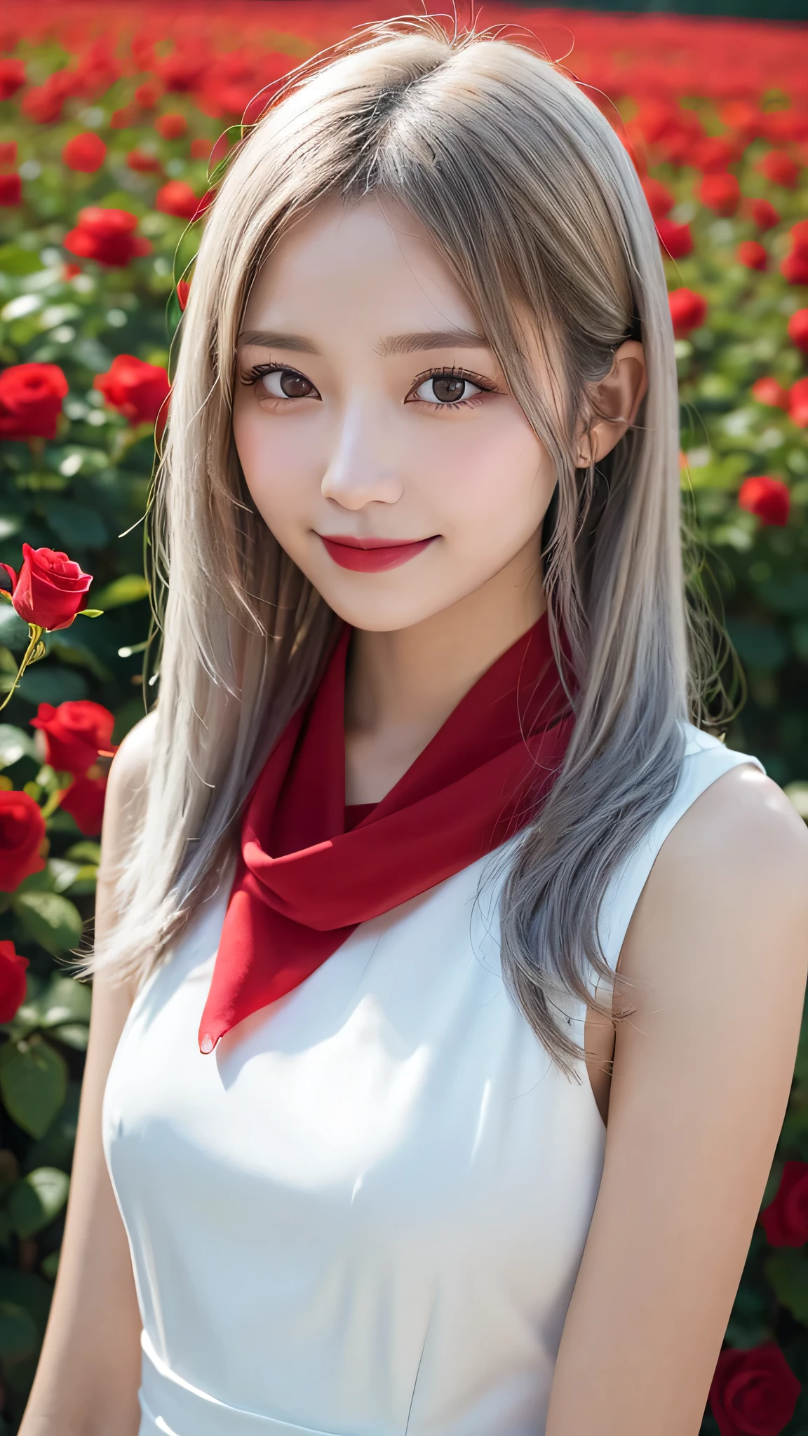 Overlooking, Panorama, perspective, Depth of written boundary, bust, Upper Body, Movie angle, masterpiece, highest quality, Super detailed, CG, 8k wallpaper, Beautiful Face, Delicate eyes, Otome, alone, smile, Silver Hair, Golden Eyes, Fair skin, hair, Red scarf, White evening dress, Rose Field, Red flower, rose, Flower Field, petal, Flying petal, smile