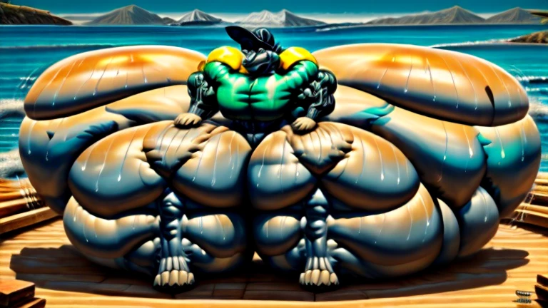 4k, high resolution, best quality, perfect lightning, perfect, solo, anthro, young, boy,white wolf:2.0, furry body, (fluffy mane:1.2), fluffy tail, male, adult, (bulky2:0, thick muscles2:0, huge muscles:2.0, hyper muscles:2.0), (thick biceps, veiny biceps, broad shoulders:2.0), (thick legs, thick calves:1.1), (digitigrade legs, 4 toes:1.2), perfect colors, (photorealistic fur, detailed fur, epic, masterpiece), (suggestive posing:1.2), (seductive smile, lustful grin 1.3), detailed beach,detailed wolf eyes:2.0, by k0suna, by darkgem,nipple ring,hyper arms:2.0,veins,white body,white fur,hyper butt:2.0,hyper paws:2.0,standing,thick legs,thick butts:2.0,sweat body:2.0,massive butt:2.0,black hat,hyper ass:2.0,huge ass,long legs,juicy butt:2.0,butt like a mountain,butt with colorful patterns:2.0,wide butt,hyper wide butt,heavy butt:0.2,thick butt:0.7