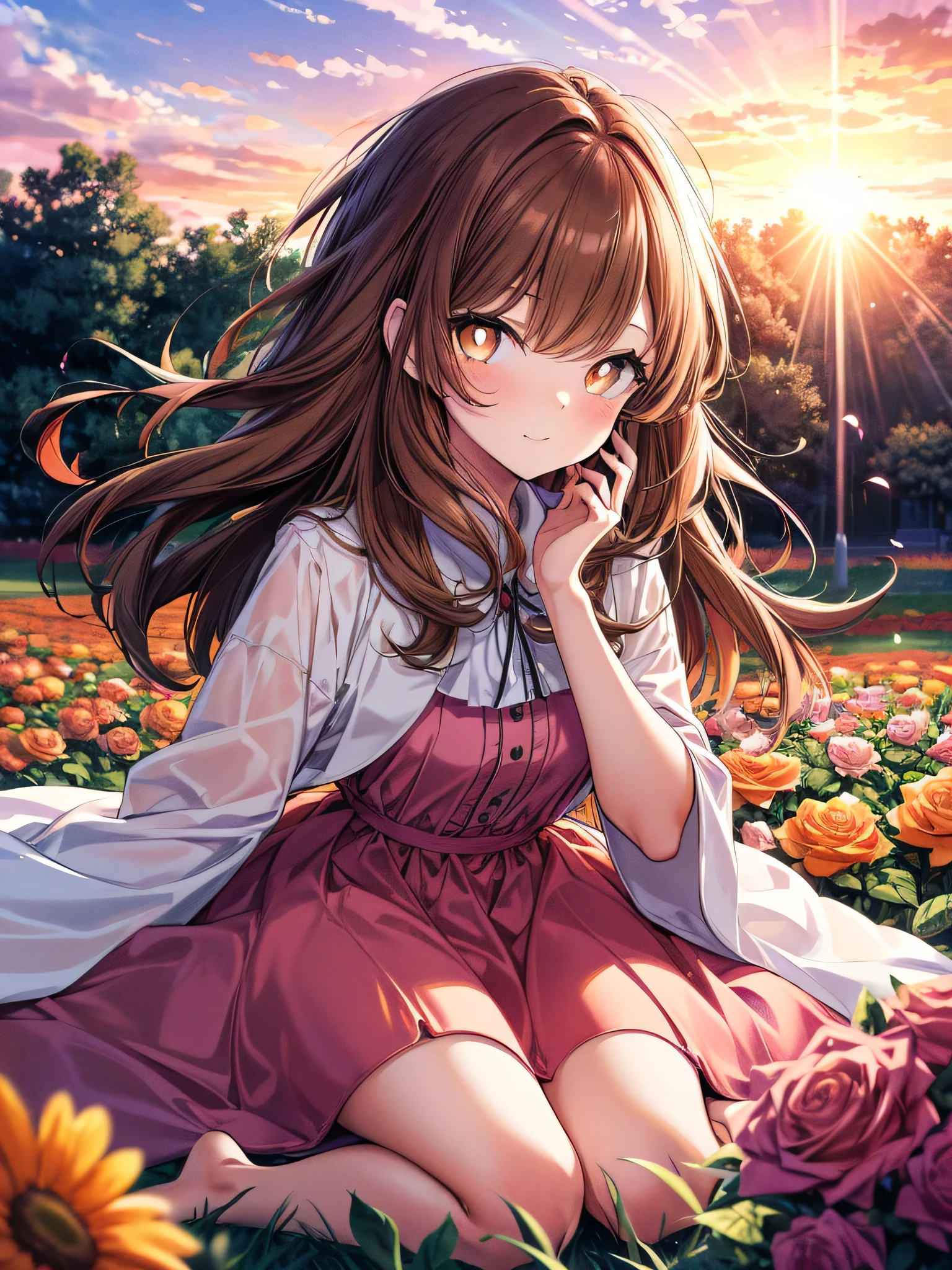 (best quality, ultra-high resolution, depth of field:1.2), beautiful face, (adult),(orange eyes), bright pupils, sunset, girl with medium-long light brown hair., in pink dress barefoot, alegre y feliz! Dans un champs de fleurs roses, lit by the rays of the sun in 4k, image très colorée, 