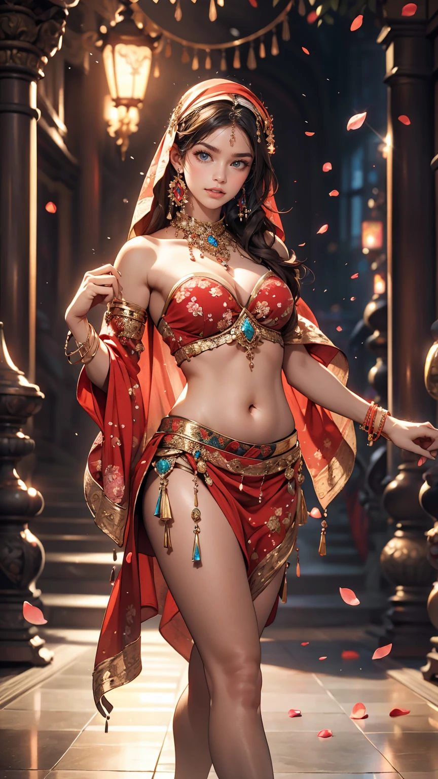 8K, RAW Photos, highest quality, masterpiece:1.2), (Realistic, photo-Realistic:1.37)、Earrings, eyelash, pantyhose、Sexy and provocative smile、 (Shiny skin:1.05)、Venus Body、Having her hair done、My chest is popping out、Wear accessories on your wrist、Wearing accessories on the ankle、Background blur((depth of field)、23 year old Arabian female、long hair、Wear a sexy belly dance costume、barefoot、Face Veil((mouth veil))Put on face、art nouveau background、Petals dance across the screen、Dancing belly dance with a bewitching smile