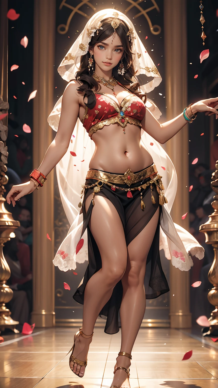 8K, RAW Photos, highest quality, masterpiece:1.2), (Realistic, photo-Realistic:1.37)、Earrings, eyelash, pantyhose、Sexy and provocative smile、 (Shiny skin:1.05)、Venus Body、Having her hair done、My chest is popping out、Wear accessories on your wrist、Wearing accessories on the ankle、Background blur((depth of field)、23 year old Arabian female、long hair、Wear a sexy belly dance costume、barefoot、Face Veil((mouth veil))Put on face、art nouveau background、Petals dance across the screen、Dancing belly dance with a bewitching smile