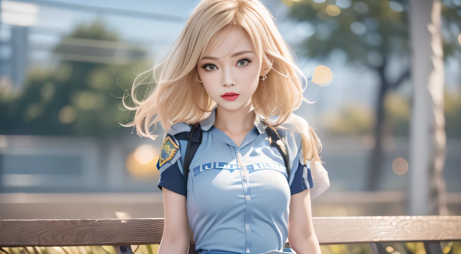 ((girl standing in front of a park bench))、best quality work,practical work,Super premium graphics card,8KHD CG works,High-quality graphics,HD CG works,10x pixel,Extremely fine details:1.1,Advanced technical details:1.1. Reality,Natural light:1.5. Lighting Effects(virtual Lighting Effects:1.8),((blonde short hair))、(Bob Hairstyle), Thin eyebrows,high nose, Beautiful red lips, Rosy Cheeks, Face with light makeup , Cute face, Perfectly balanced face,Light-colored foundation can enhance the transparency of the skin.,((Female police officer:1.5)),((Light blue short-sleeved shirt)),((navy blue sheath dress)). 40,000, photo, On the table, best quality, Rainy day background, ((1 girl with beautiful eyes and light hair, White skin, Various postures.((Medium sized breasts,:1.1)), best quality, On the table, Ultra-high resolution, (Practical:1.4), RAWphoto, (Perfect body), (Slim:1.3), Slim abdomen, Perfect Slim figure, Dynamic poses, Solitary, Cold light 12000K, Very detailed facial and skin texture, Fine particles, Practical eyes, Beautiful Fine Particles, (Practical Skin), charm, Ultra-high resolution, Surrealism, Very detailed、(black),