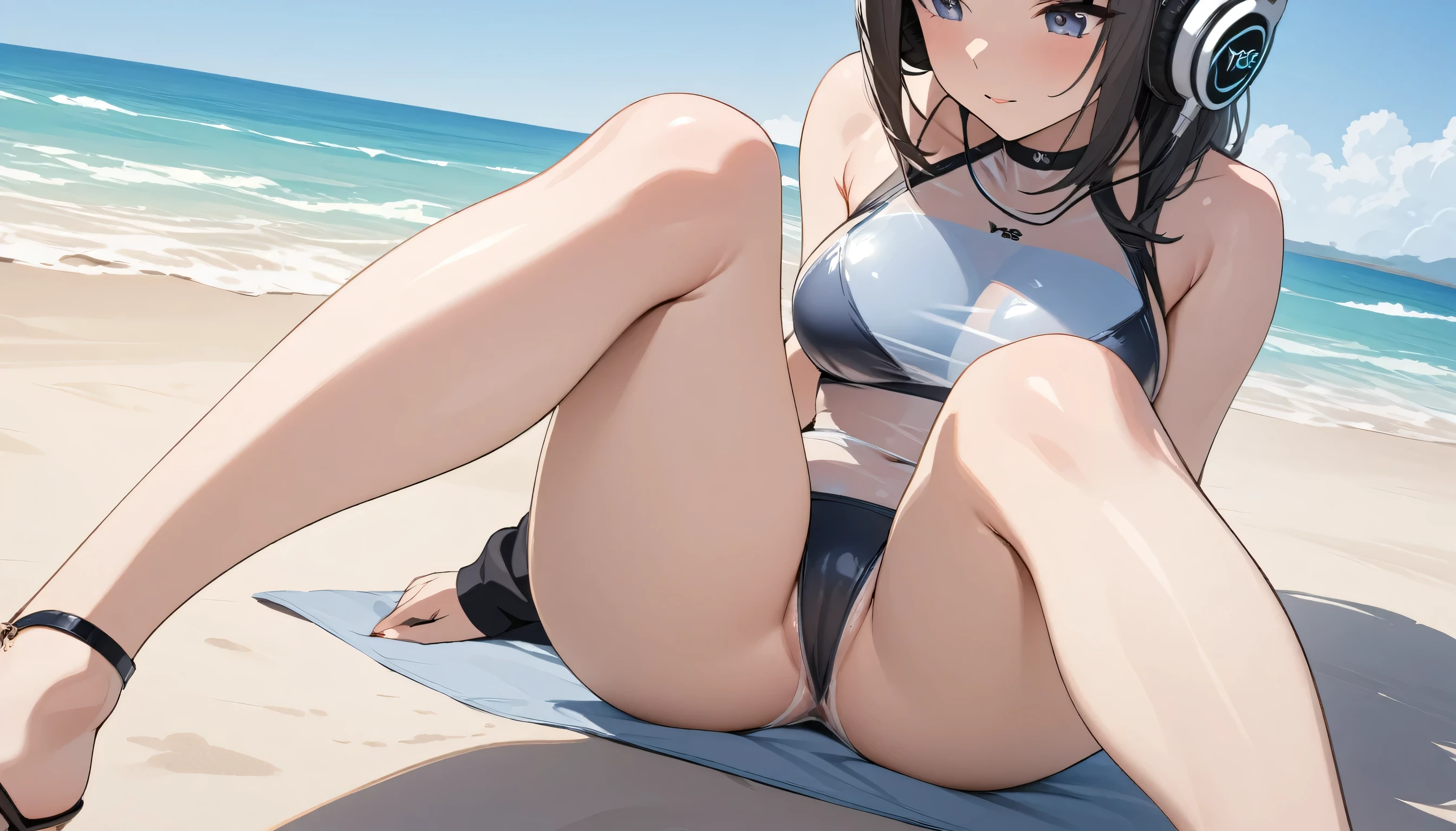 ((Top Quality)), ((Masterpiece)), (Detail), perfect face, sitting on the beach, listening to music, girl, wearing headphones, wearing swimsuit, swimsuit is transparent, sitting with legs spread, wearing tight clothes Yes , buttocks and breasts are exposed.