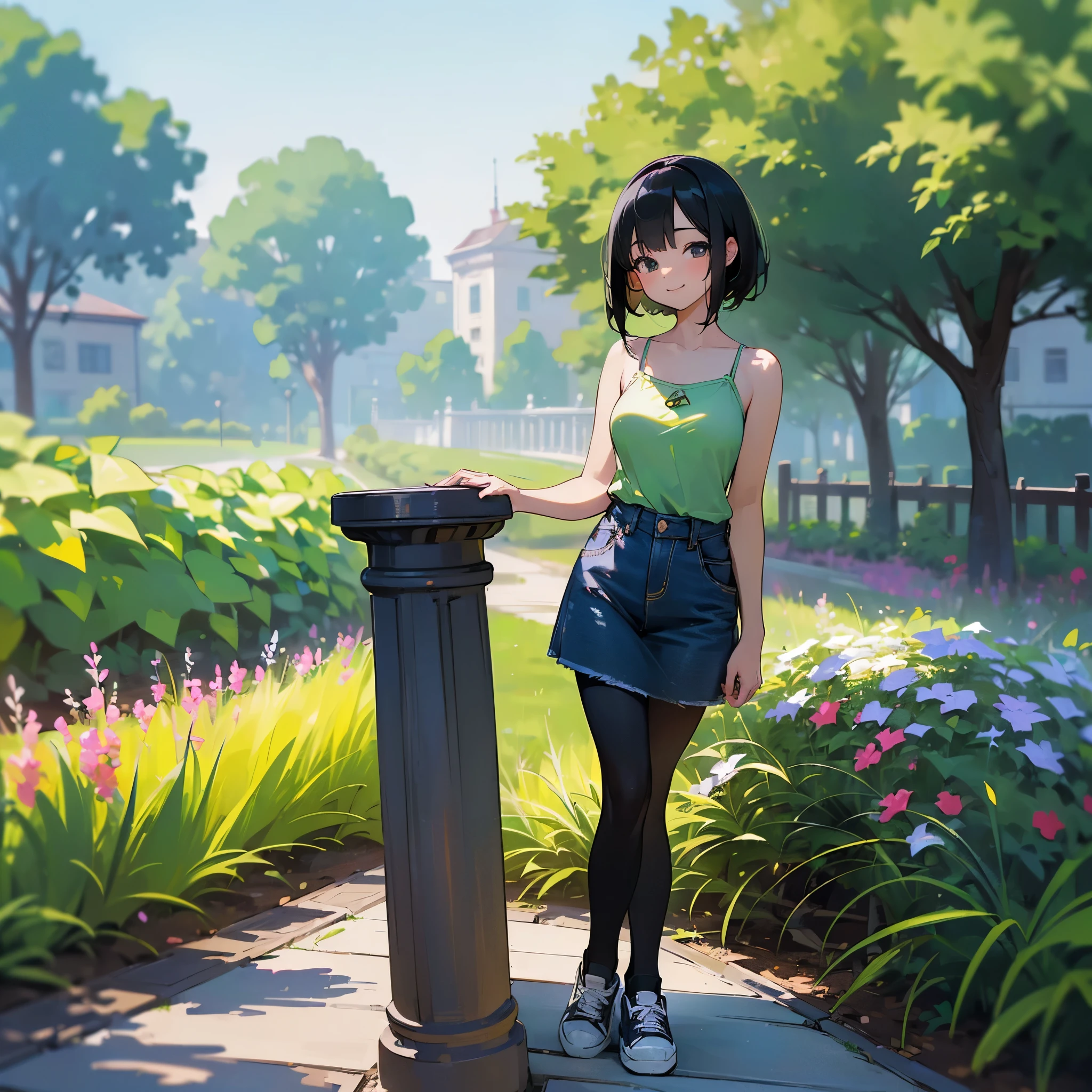 (high quality, High resolution, Very detailed, reality:1.37), Peaceful atmosphere, (Outdoor, garden), Teenage girl standing alone, (my breasts are big.), Beautiful details, Cute Smile, (Black bob hair), camisole, Denim skirt, Black tights, sneakers.