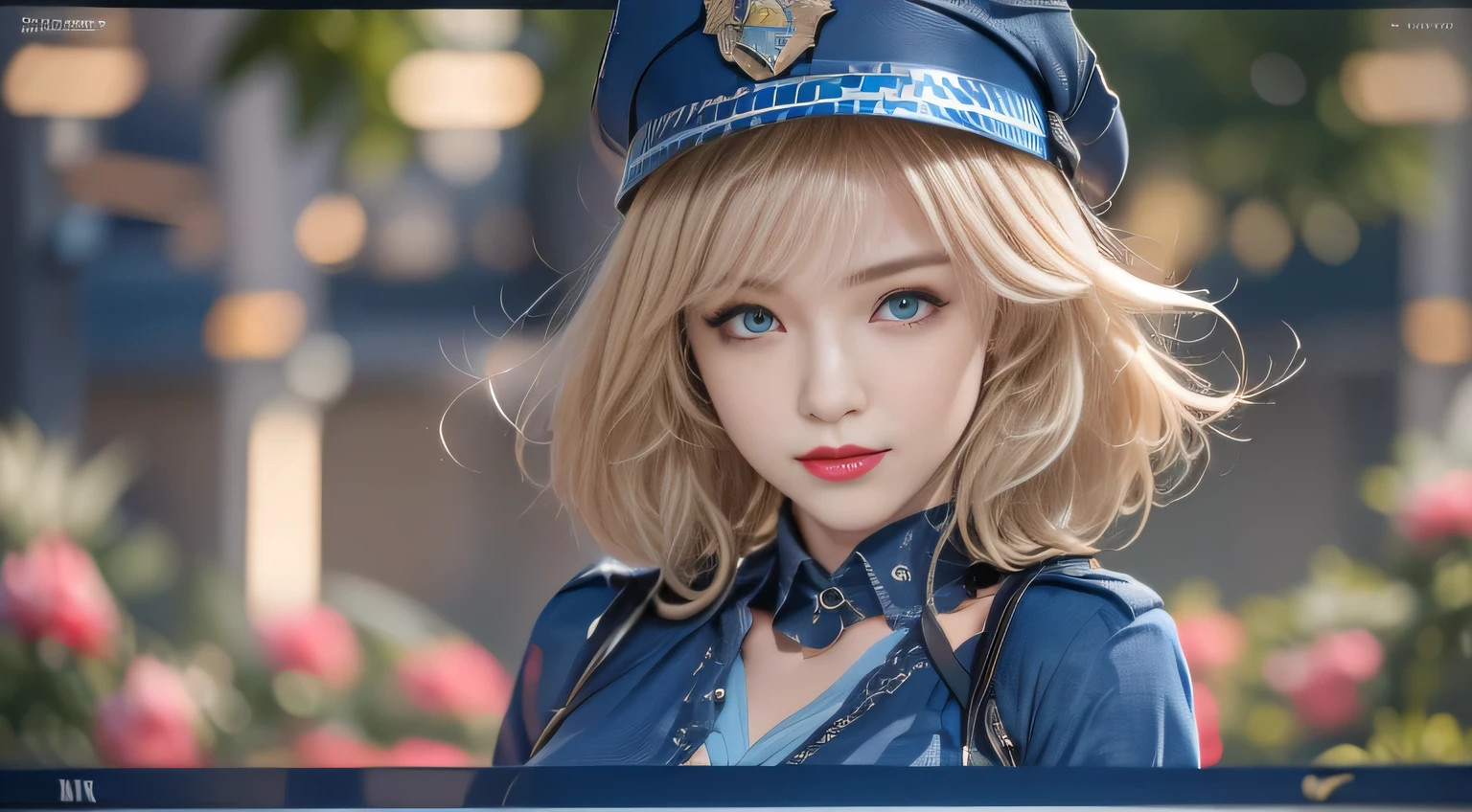 ((girl standing in front of a park bench))、best quality work,practical work,Super premium graphics card,8KHD CG works,High-quality graphics,HD CG works,10x pixel,Extremely fine details:1.1,Advanced technical details:1.1. Reality,Natural light:1.5. Lighting Effects(virtual Lighting Effects:1.8),((blonde short hair))、(Bob Hairstyle), Thin eyebrows,high nose, Beautiful red lips, Rosy Cheeks, Face with light makeup , Cute face, Perfectly balanced face,Light-colored foundation can enhance the transparency of the skin.,((Female police officer:1.5)),((Light blue short-sleeved shirt)),((navy blue sheath dress)). 40,000, photo, On the table, best quality, Rainy day background, ((1 girl with beautiful eyes and light hair, White skin, Various postures.((Medium sized breasts,:1.1)), best quality, On the table, Ultra-high resolution, (Practical:1.4), RAWphoto, (Perfect body), (Slim:1.3), Slim abdomen, Perfect Slim figure, Dynamic poses, Solitary, Cold light 12000K, Very detailed facial and skin texture, Fine particles, Practical eyes, Beautiful Fine Particles, (Practical Skin), charm, Ultra-high resolution, Surrealism, Very detailed、(black),
