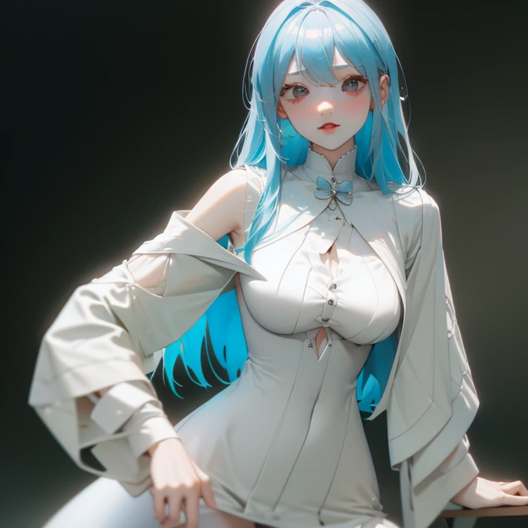 Generate an image of a long white light blue hair, tall frame, thin body, one sided bang on her face, thin waist, large hip bones, unexpressive face, n4k3d girl, full body