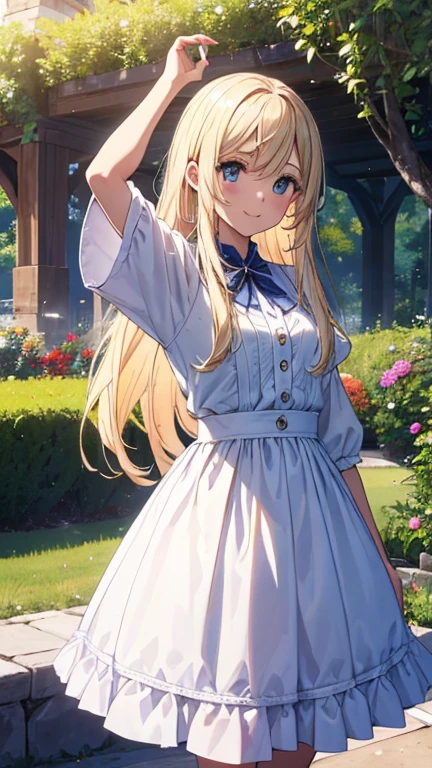(obra maestra、de primera calidad、lightning、calidad extremadamente alta、calidad de imagen de alto nivel、Escritura extremadamente sensible)Blonde girl standing in a beautiful garden、una leve sonrisa、ella tiene un ramo grande、Lindo vestido estilo traje nacional.,Hay volantes en los hombros.、cabello ondeando al viento