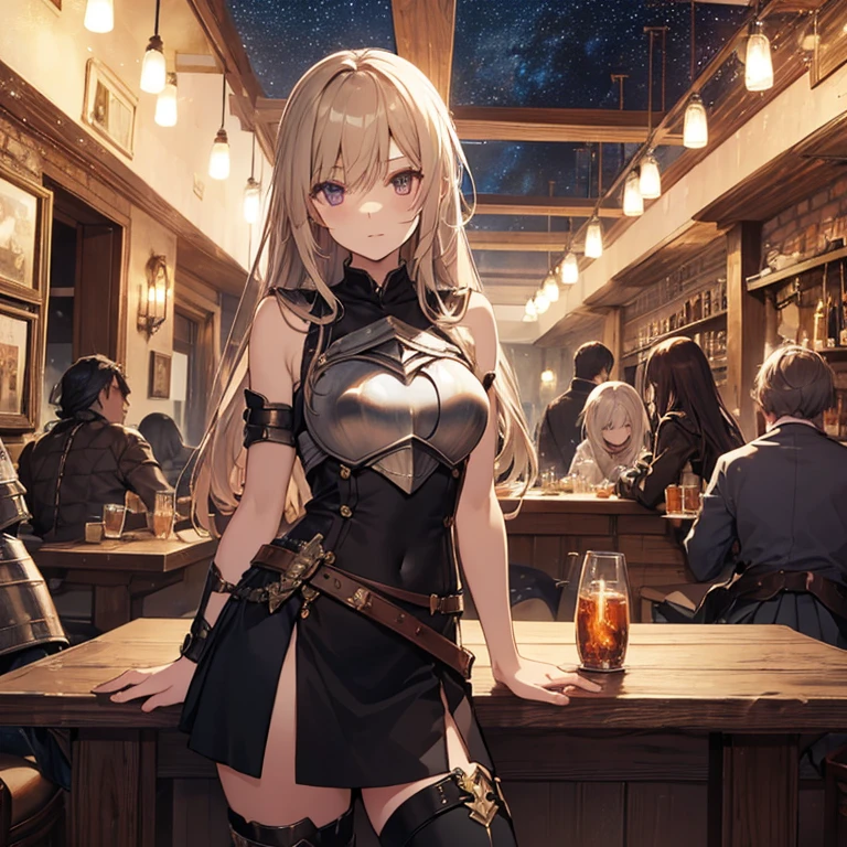 A group of young female knight, (in tavern), various hair styles, harem, wearing armored clothes, metal armor, night, details face, , short skirt, seducing, sword, sleeveless , night, starry night