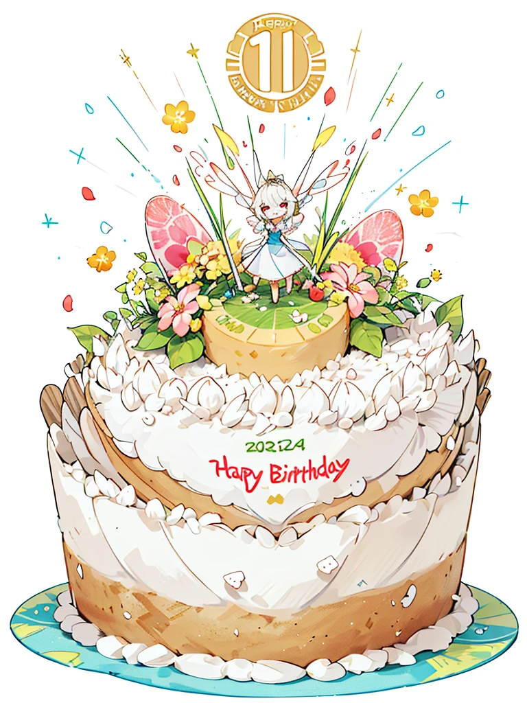 (White background:1.4),(Nature Illustration Summer Festival:1.3,paper art:1.3, Quilted Paper Art:1.2),( Reasonable design, Clear lines, High Sharpness,Best Quality, Very detailed, masutepiece, Movie Light Effects, 4K )(Petals of various colors:1.0)、Lots of celebrations fluttering、the wind、Background with、birthday cake、cut and sewn tunic, hair at the base、Garrant、happy birthday、full body Esbian、A delightful、Happy smile、kirakira、Delicious looking cake