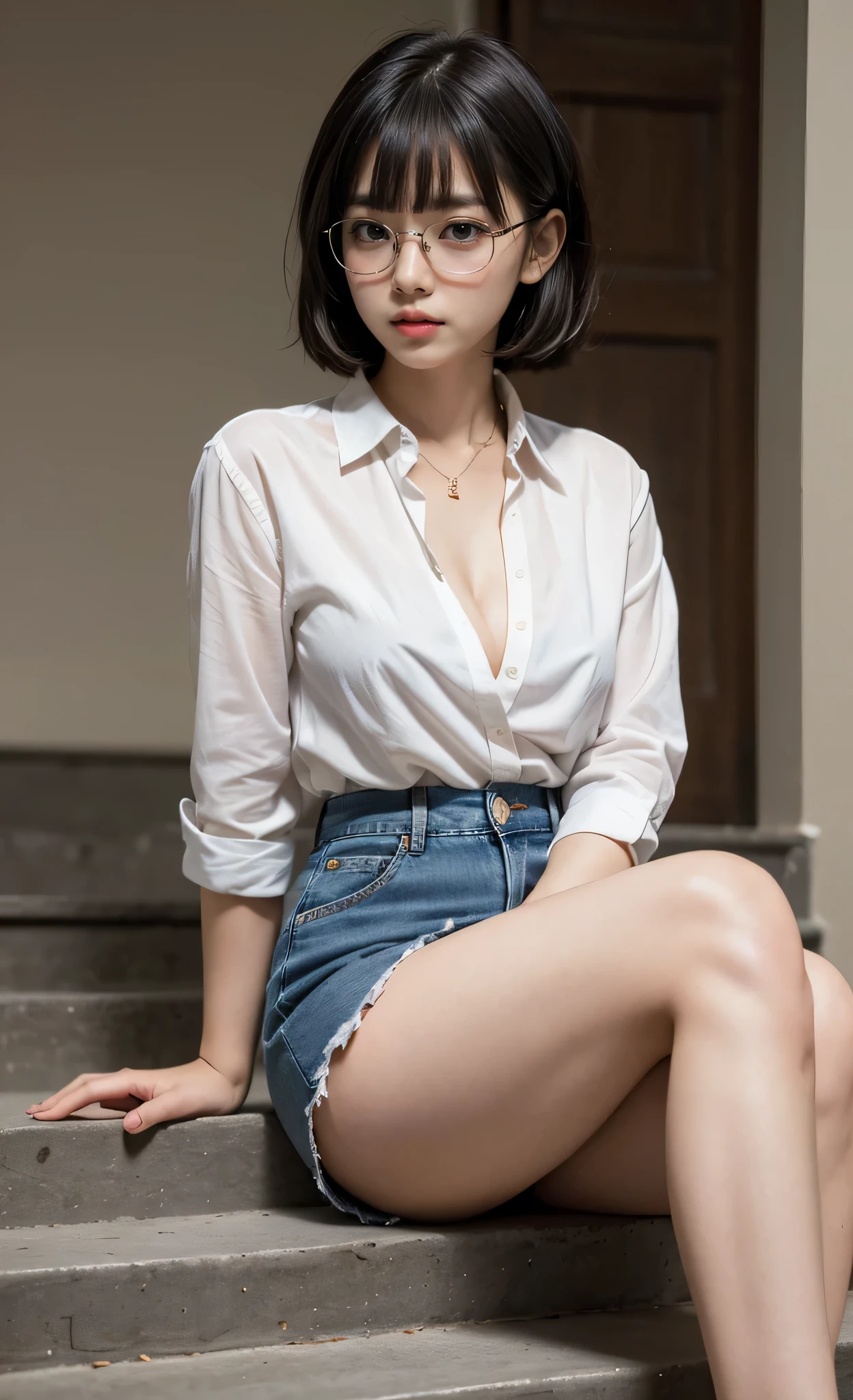 detailed_background, realistic, 1girl, looking at the viewer, siting on the stairs, nighttime, eyeglasses, blushes, bob_cut, bangs, white_shirt, cleavage, big_boobs, small waist, denim mini skirt, bare legs, thighs, thicc_thighs, highheels, side view, view from below,