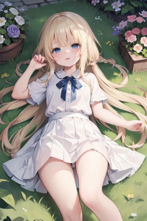 masterpiece, highest quality, High resolution, One 5 year old girl、blue eyes、
blonde,  Braiding、White shirt, Check skirt, White panties、garden、flower bed、Lying on the grass