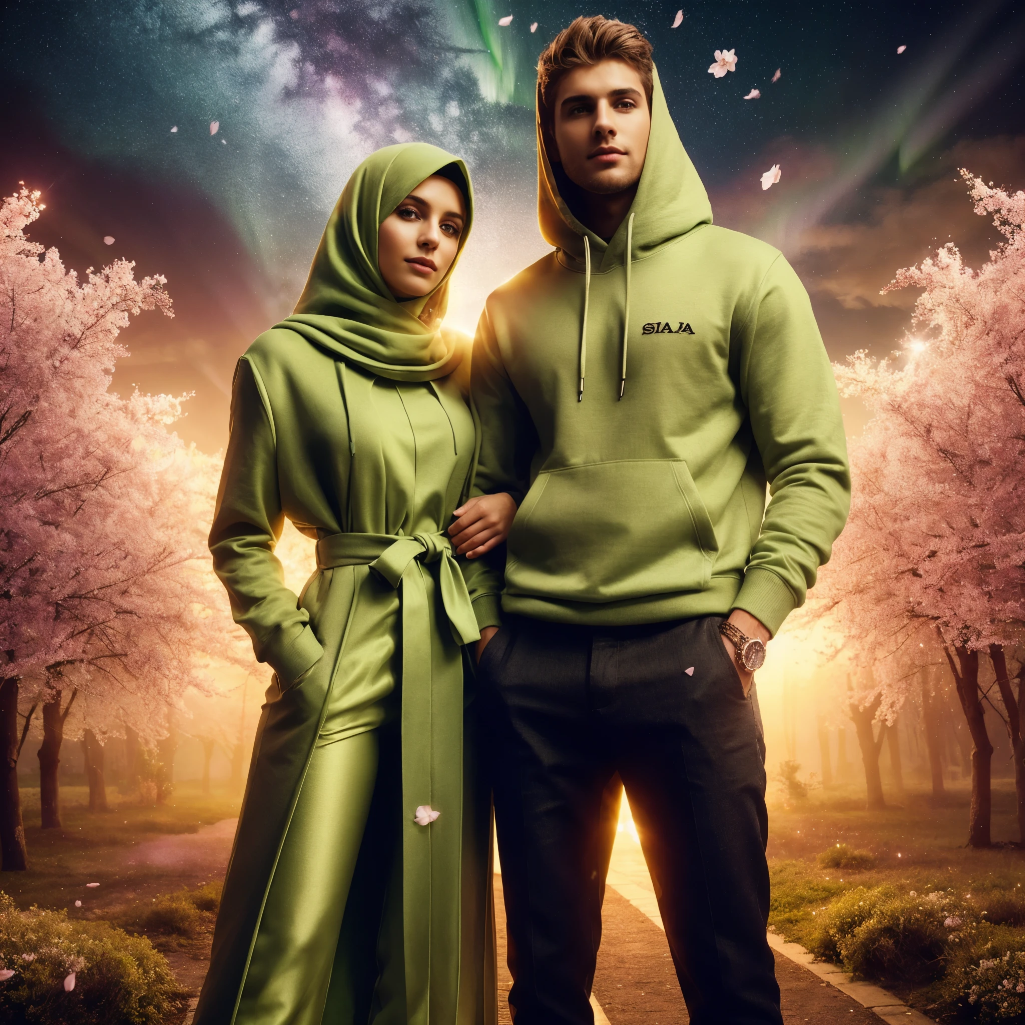 full body professional romantic couple a woman muslim elegant body charming wear hoodie lime trendy attire with text sign bold black "((Dhe FIAA))" very cleary details a man handsome elegant body charming he has short blonde hair trendy wear lime modern casual, long black jeans, dramatic lighting aurora background at japanese cherry blossom petals falling air, they looks so romantic scene, resambling sony photo 7000D ultra realistis