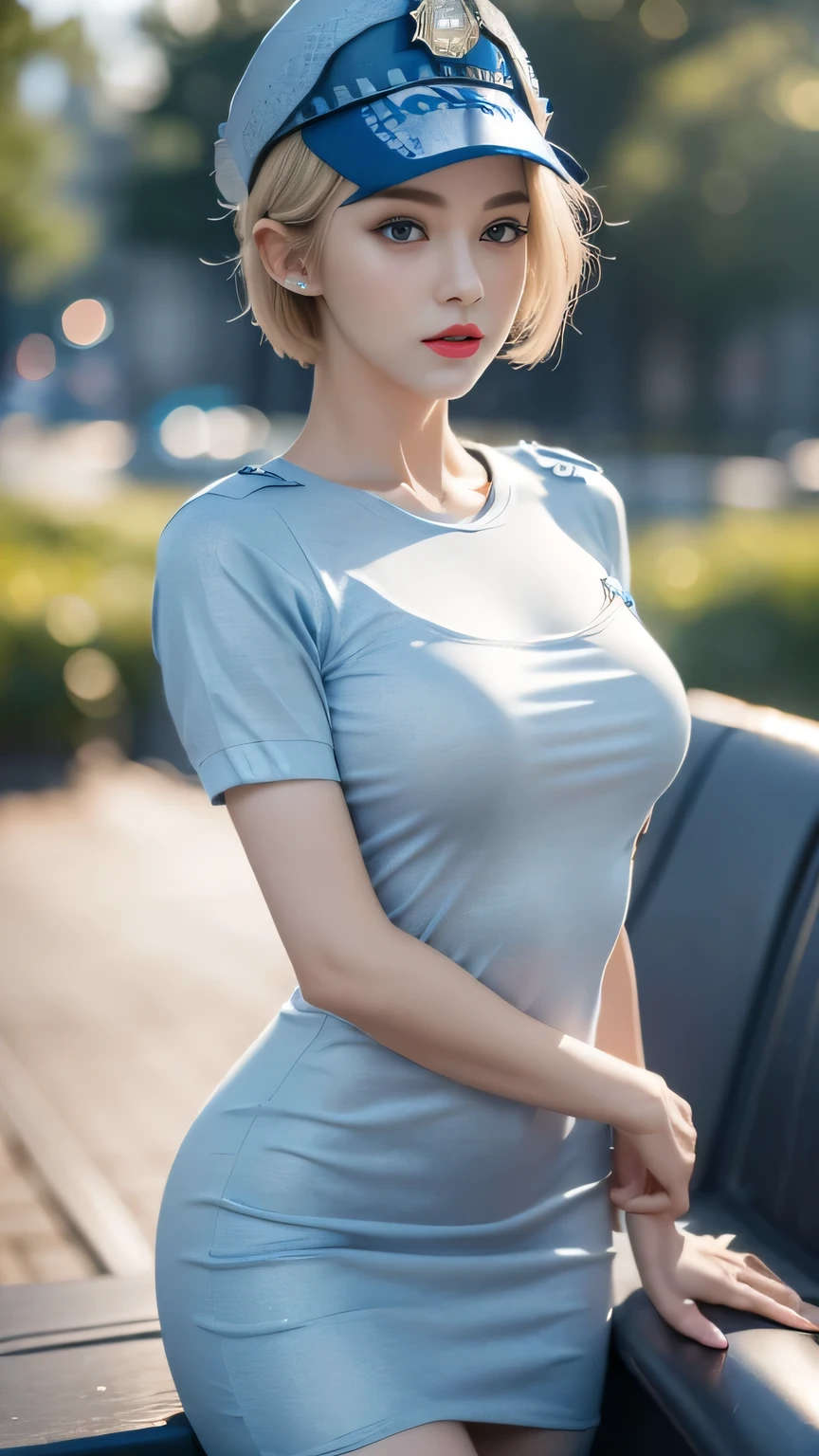 ((girl standing in front of a park bench))、best quality work,practical work,Super premium graphics card,8KHD CG works,High-quality graphics,HD CG works,10x pixel,Extremely fine details:1.1,Advanced technical details:1.1. Reality,Natural light:1.5. Lighting Effects(virtual Lighting Effects:1.8),((blonde short hair))、(Bob Hairstyle), Thin eyebrows,high nose, Beautiful red lips, Rosy Cheeks, Face with light makeup , Cute face, Perfectly balanced face,Light-colored foundation can enhance the transparency of the skin.,((Female police officer:1.5)),((Light blue short-sleeved shirt)),((navy blue sheath dress)). 40,000, photo, On the table, best quality, Rainy day background, ((1 girl with beautiful eyes and light hair, White skin, Various postures.((Medium sized breasts,:1.1)), best quality, On the table, Ultra-high resolution, (Practical:1.4), RAWphoto, (Perfect body), (Slim:1.3), Slim abdomen, Perfect Slim figure, Dynamic poses, Solitary, Cold light 12000K, Very detailed facial and skin texture, Fine particles, Practical eyes, Beautiful Fine Particles, (Practical Skin), charm, Ultra-high resolution, Surrealism, Very detailed、(black),