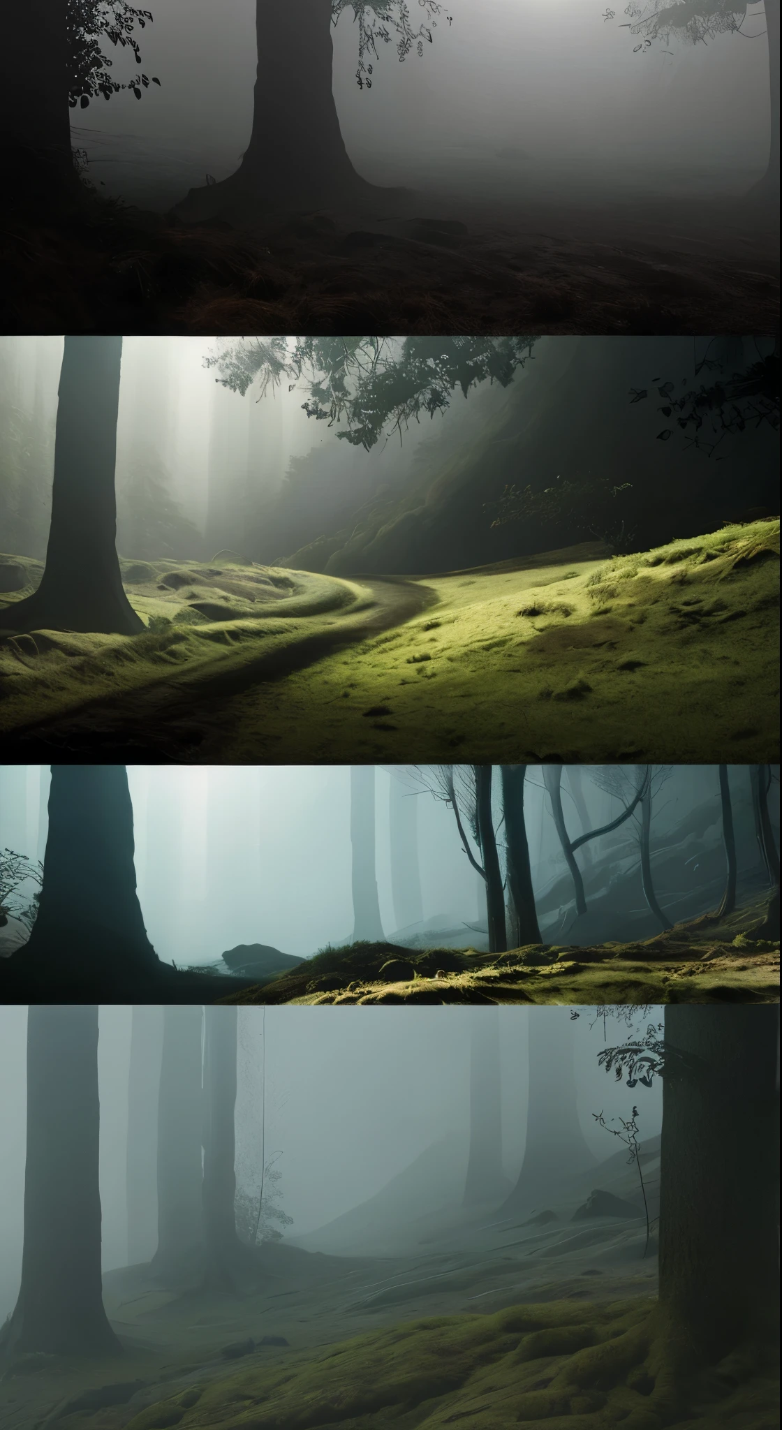 Valleys and mountains々Creating a desolate landscape of, Shrouded in a thick fog, Less sunshine, Has twisted trees and thick trunks, Undergrowth reminiscent of grass and grass, In a hyper-realistic landscape, In dead colors, 4K, Cinema Lighting, Natural light, Film Grain, Cinema Lighting, High detail, Photorealistic, Photorealisticistic, Volumetric lighting and shading