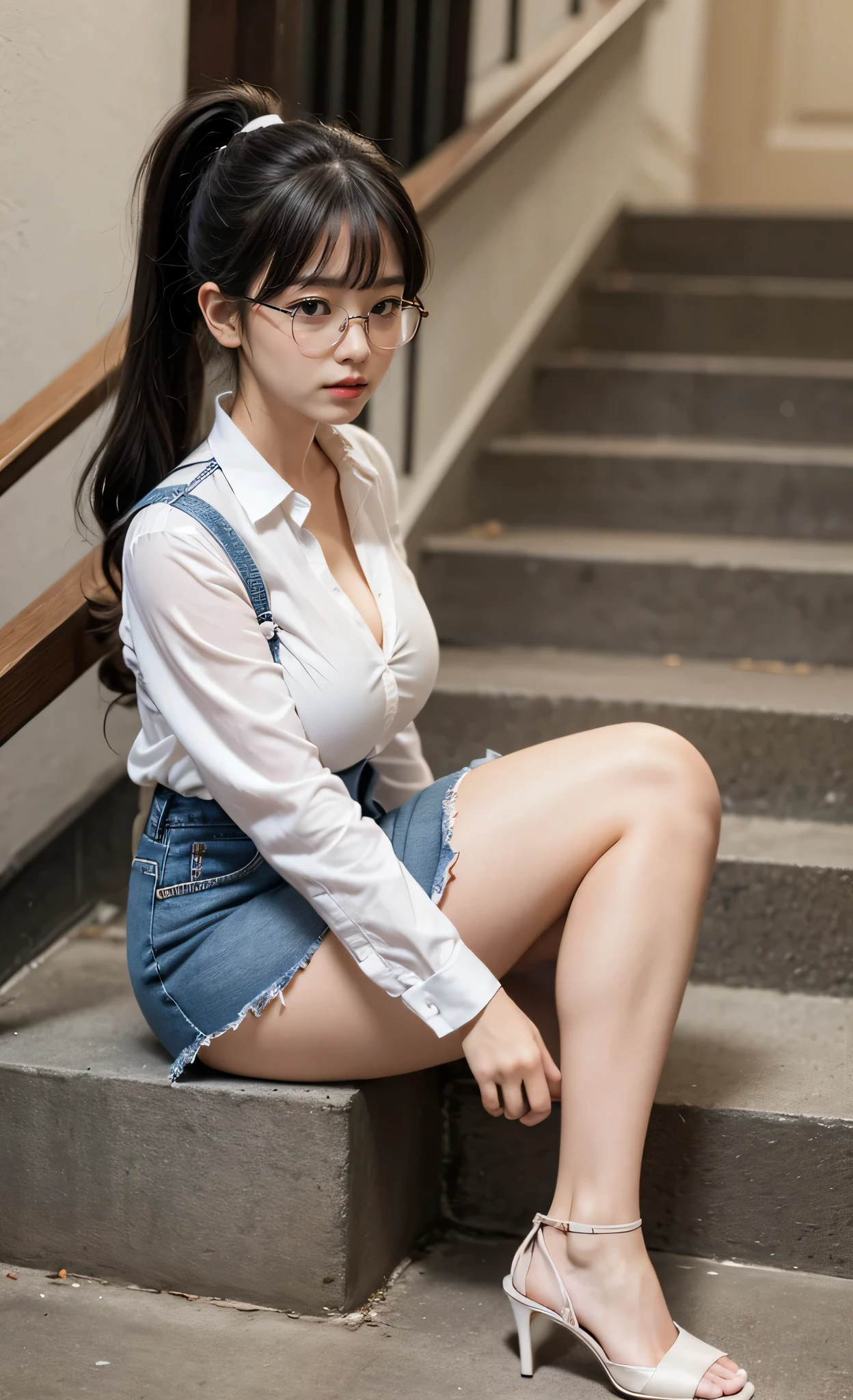 detailed_background, realistic, 1girl, looking at the viewer, siting on the stairs, nighttime, eyeglasses, blushes, side_ponytail, bangs, white_shirt, cleavage, big_boobs, small waist, denim mini skirt, bare legs, thighs, thicc_thighs, highheels, side view, view from below,