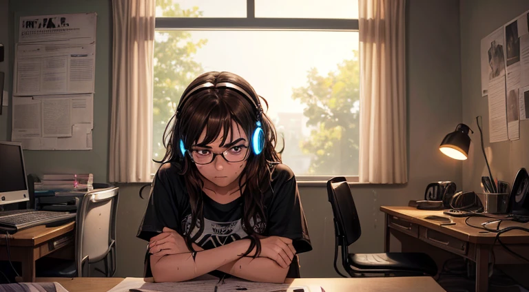 neon glow, accent lighting, a high resolution, masterpiece, 8K, Girl 22 years old (dark brown eyes with dark circles under the eyes), tired, irritated expression, sitting at the table in front of the laptop, hunched posture, shaggy slightly wavy brown hair, (dirty hair), long oily hair, sweaty, disheveled, Unwashed, thick eyebrows, wear a dirty t-shirt, (To wear glasses), with headphones, (dark dirty bedroom), (the walls are covered with detailed posters), several tangled black electrical cables, LED lights, Plush Toys, night